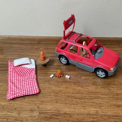 Barbie Vehicle with Sleeping Bag, Pillow, Lantern,  Tree Stump Table, Camp Fire  & Marshmallow Sticks 