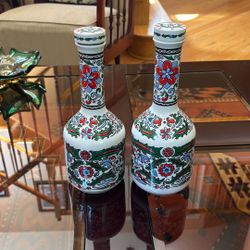 2 Vintage Metaxa Greek Hand Made Porcelain Vases Floral Pattern Decanter Bottles