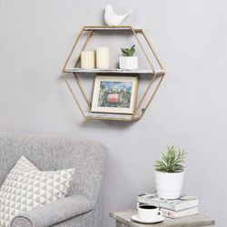 Wall Mounted Shelf 3 Tiers Wood And Gold Metal
