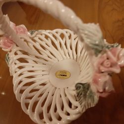 Capodimonte style Italian  porcelain rose  basket with flowers.