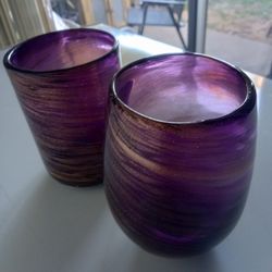 🕯️2 Vintage Blown Glass Purple/Maroon & Gold Swirl Votive Candle Holder🕯️