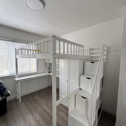 Loft Bed Full Size with Desk with Bookshelves and 4 Steps Storage Staircase, Built-in Large Drawers and Wardrobe