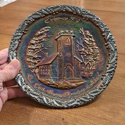 Collectible Fenton Iridescent Carnival Glass 8" Plate, Christmas 1970 " The Little Brown Church In The Vale" Plate: No 1