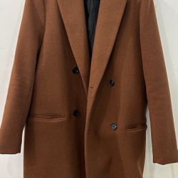 H&M Men’s Wool Coat Brown Rain Trench Peacoat Buttoned Double Breast Size 36R