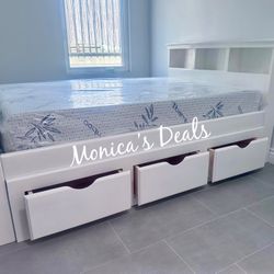 Full Solid Wood Bed With 3 Drawers And Memory Foam Mattress $640