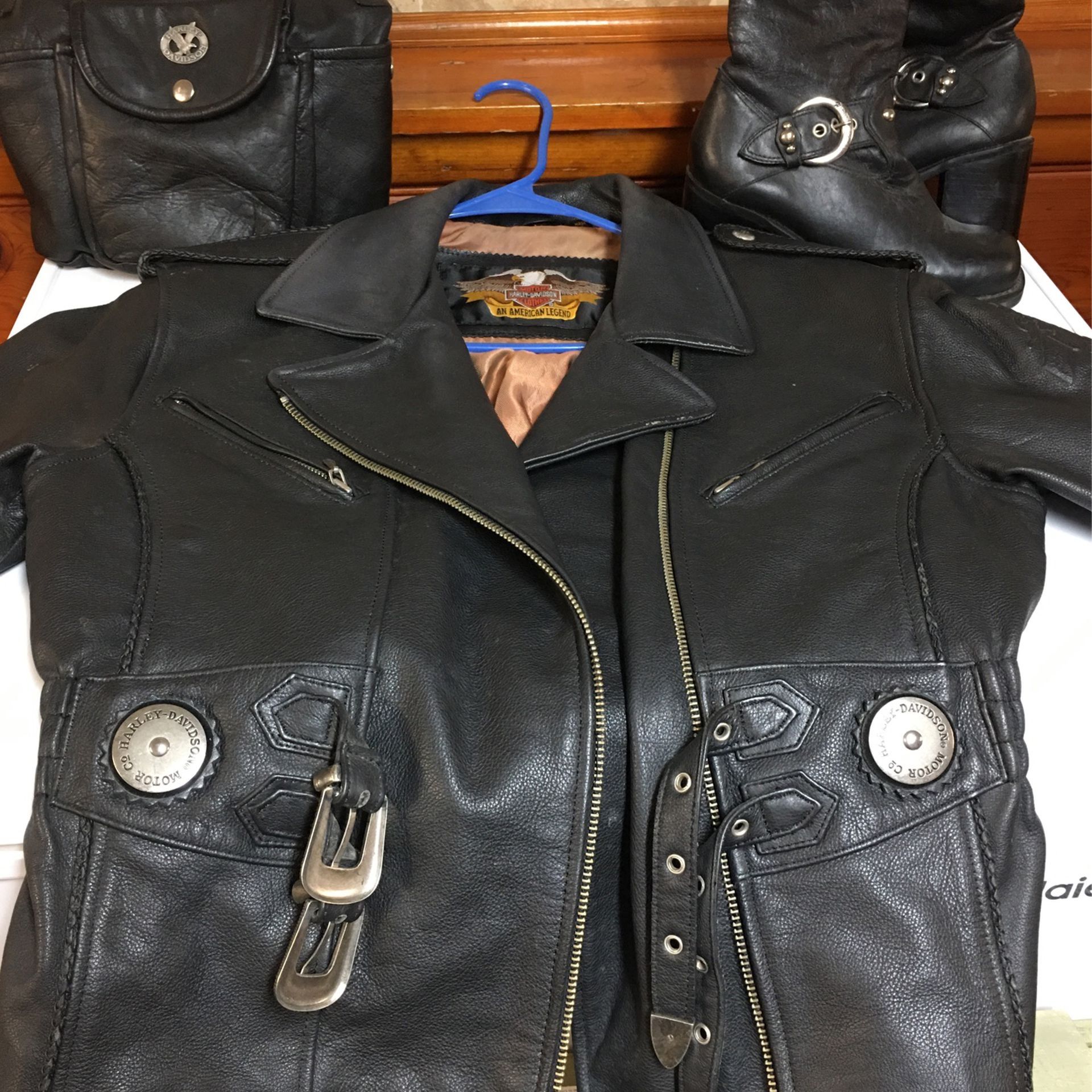 Barely Worn Harley Davidson Jacket , Boots And Bike Bag!