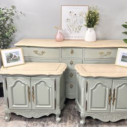 Sage Green French Provincial solid wood Nightstands and Dresser bedroom set 