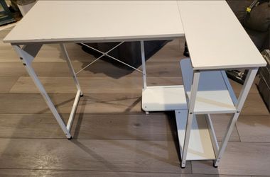 🖥️ White L-Shaped Corner Computer Desk with Storage Shelves – Modern Home Office Desk