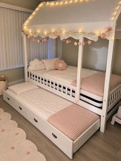 Beautiful White Canopy House Bed with Pull-Out Trundle