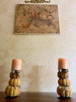 FALL/HALLOWEEN/THANKSGIVING SET OF 2 Pillar Frosted Beaded Pumpkin 7” Tall Candleholders P