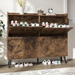 Shoe Cabinet Storage for Entryway Slim, Farmhouse Shoe Organizer Cabinet with 4 Flip Drawers, Farmhouse Hidden Shoe Rack with Wooden Legs, Rustic Brow