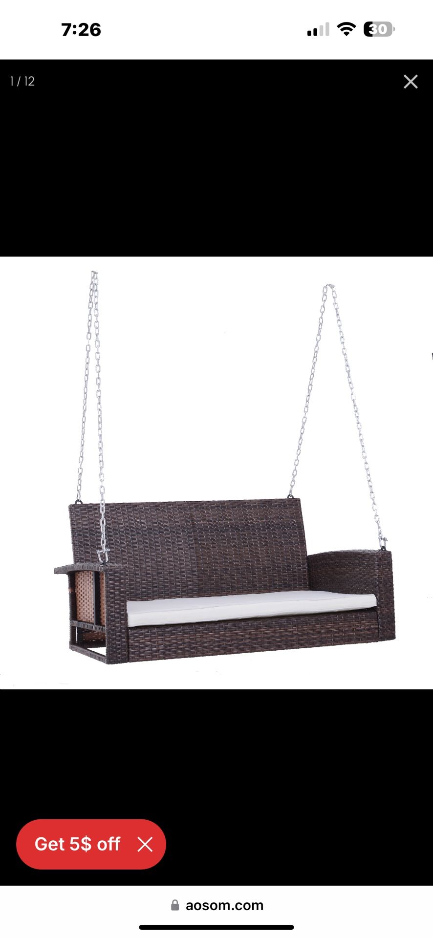 New in box Outsunny 2 Person Wicker Hanging Swing Bench, Front Porch Swing Outdoor Chair with Cushions 550 lbs. Weight Capacity for Backyard, Garden,