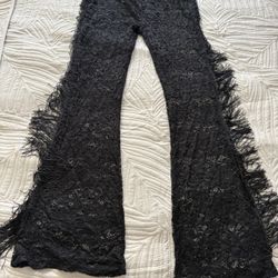 Forever 21 Black Lace Fringe Pants Flare Festival Boho Sheer Size S