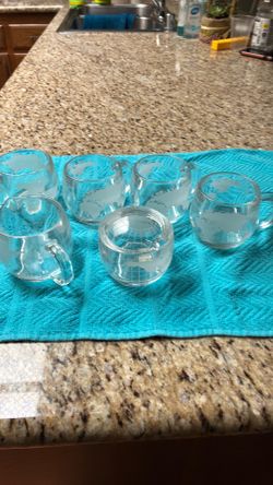4 heavy glass cups and sugar and cream setmaps