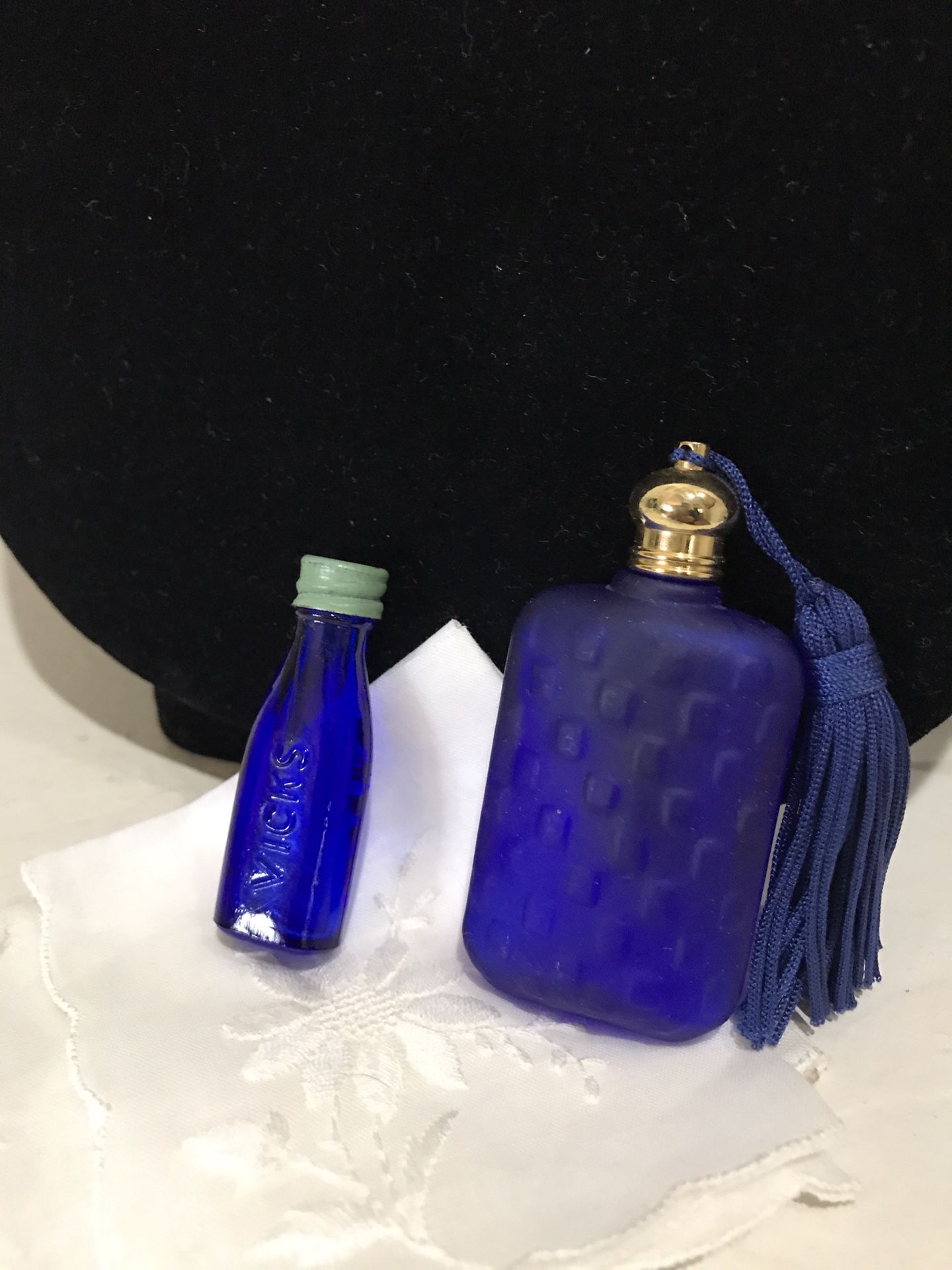 Antique Vicks Bottle, Perfume Bottle & Vintage Handkerchief