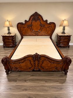 Rococo Style Carved Wood King Bed Frame