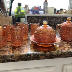 Imperial Marigold Carnival Glass Lustre Rose Set