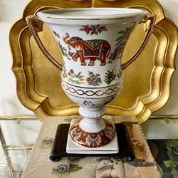 Vintage Gold Plate Double Handle 12” H Footed Elephant Pedestal Urn Vase (Stand not Included)