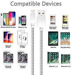 Nylon Braided USB Charger Cord Compatible for iPhone XS/XR/X/8/7/6/5/5C/SE/Plus iPad/iPod Charging or Data Syncing (Silver)