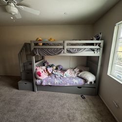 Gray Wooden Bunk Bed with Stairs and Storage Drawers