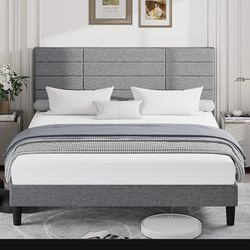 New Queen Size Fabric Upholstered Bed Frame, Light Grey 