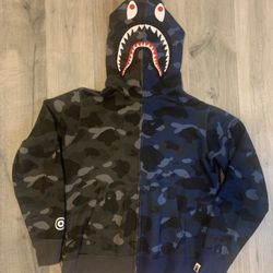 Blue And Gray Color Camo Half And Half Full Zip BAPE Shark Hoodie Size L