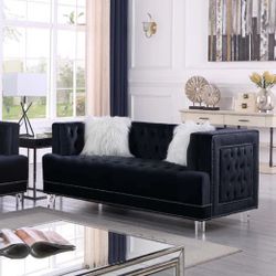 2pc Black Sofa + Loveseat w/ Acrylic Ghost Legs And White Fur Accent Pillows
