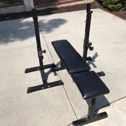 Weights, Weight Bench, Weight Tree, Barbell, Dumbbell Handles.