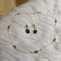 14k Yellow Gold Necklace And Earrings With Smoky Topaz And Citrine
