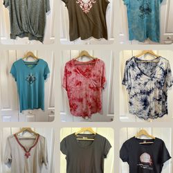 Lot of 39 Women's T-Shirts: Lacoste, North Face, EarthYoga, H&M, Calvin Klein, Marmot etc.  - Size L/XL/XXL/-14/16  Only $9 per shirt