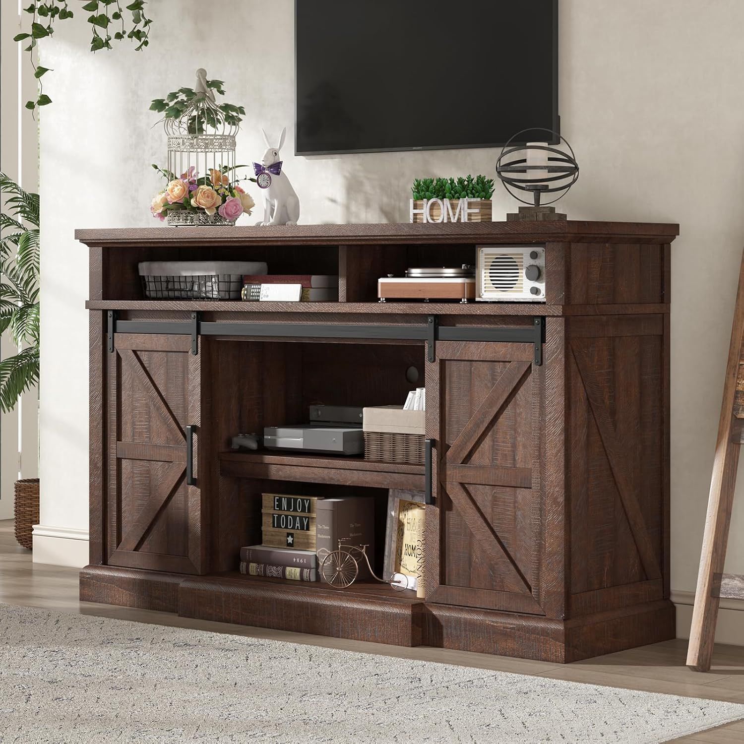 66" W Farmhouse TV Stand, Wood 40" H Tall Entertainment Center with Sliding Barn Door & Large Storage Shelves