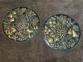 Vintage ELPEC Brass Fruit Wall Hanging Plaques Pair 11”