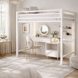 Twin bed Metal Loft Size with Safety Guardrail and Ladder, No Box Spring Needed Space Saving Bedroom Furniture,Cream White