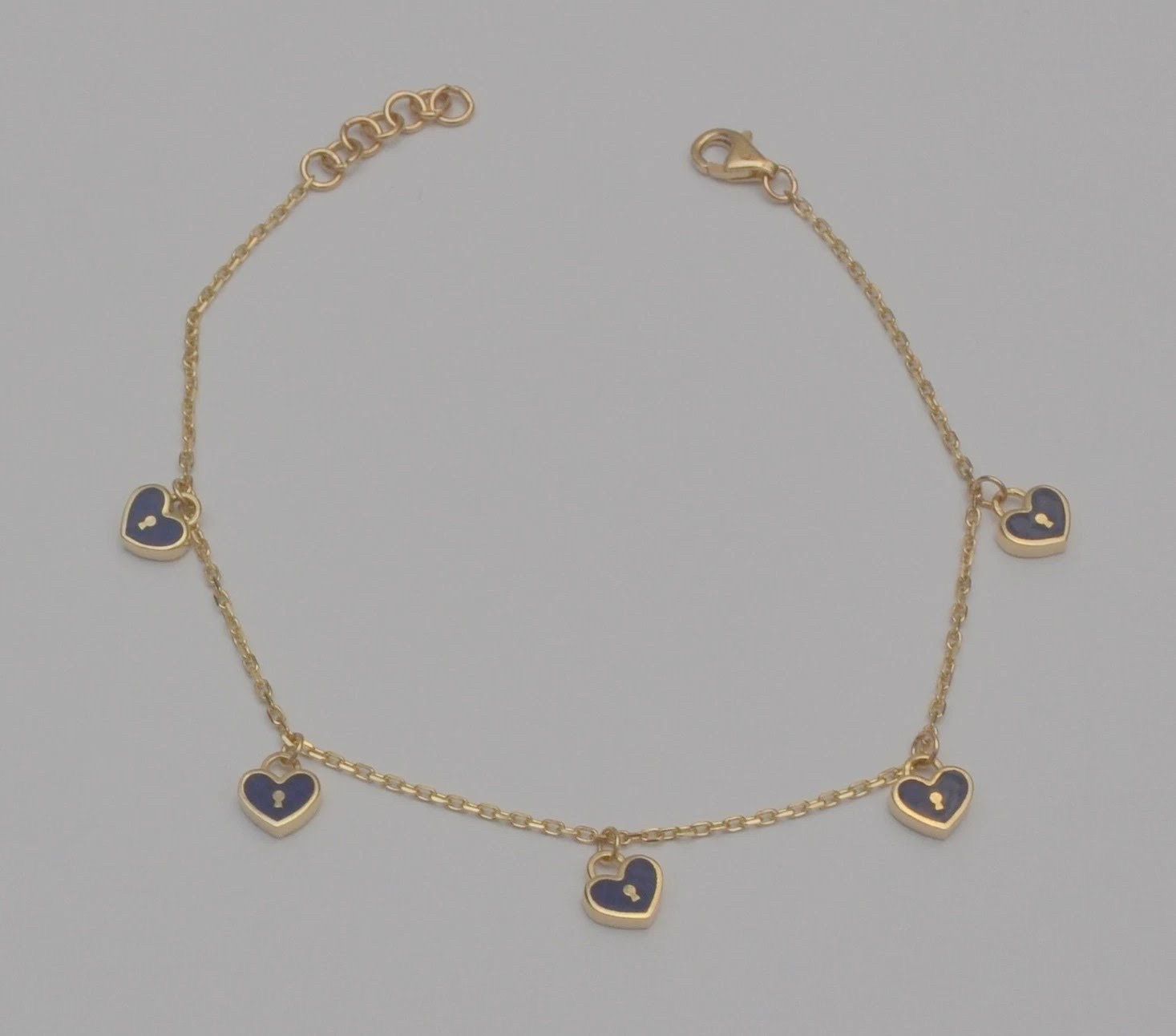 14K Yellow Gold Blue Heart Charm Bracelet 7.25–7.75" Adjustable
