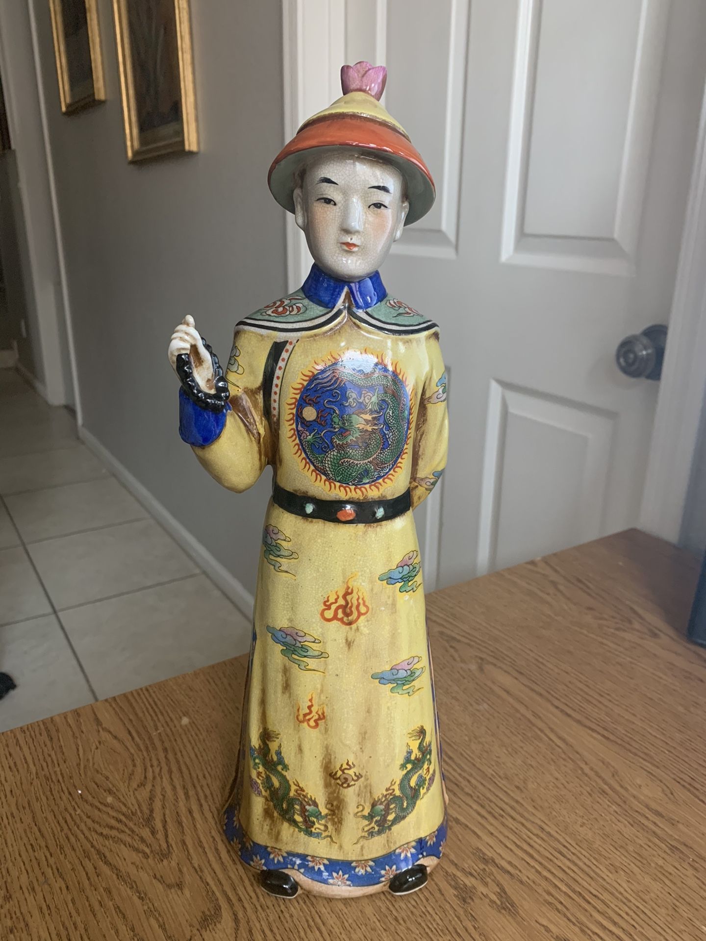 Vintage Lg Chinese 16" Chinese Man Figurine Statue Hand Painted Dragon Outfit