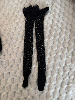 Woman’s Rhinestone Black Lace Net Thigh High Stockings 