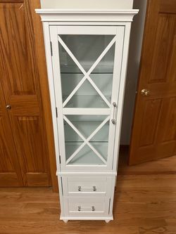 White Glass-Door Storage Cabinet with 2 Drawers