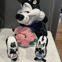 Vintage Looney Tunes Pepe Le Pew & Penelope Cookie Jar and Salt & Pepper Shakers