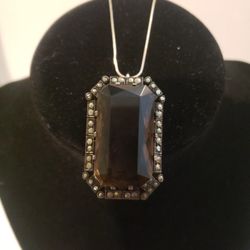 Large Heavy Smoky Quartz Faceted Marcasite Vintage Pendant Sterling Silver Necklace F11 