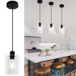 Set Of 3 Black Pendant Lights Kitchen Island - Cleare Glass Pendant Light Fixture Multiple Stems Rods
