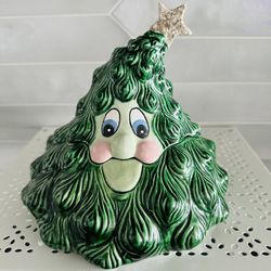 Vintage Scioto Ceramic  Anthropomorphic whimsical kitschy Christmas tree candy jar. 7” tall and 8” wide across the Bottom 