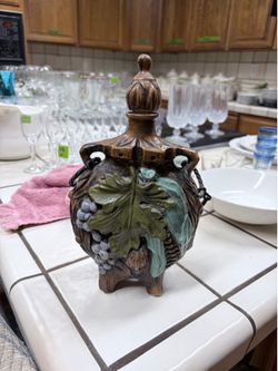 Vintage Ceramic Wine Decanter with Grapes & Vineyard Design