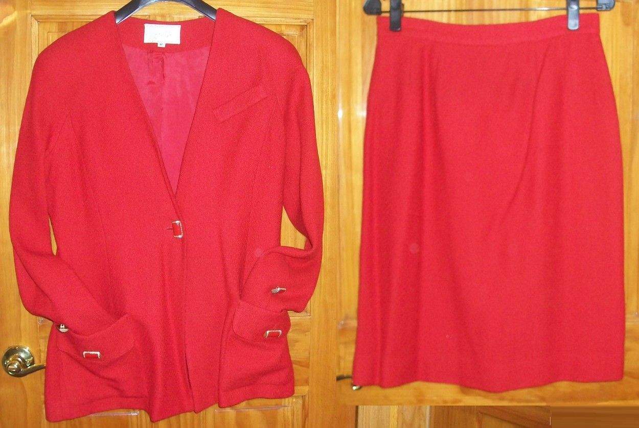 Gimelli Design Red Wool Jacket pencil Skirt Women's Suit lining size 12 made USA