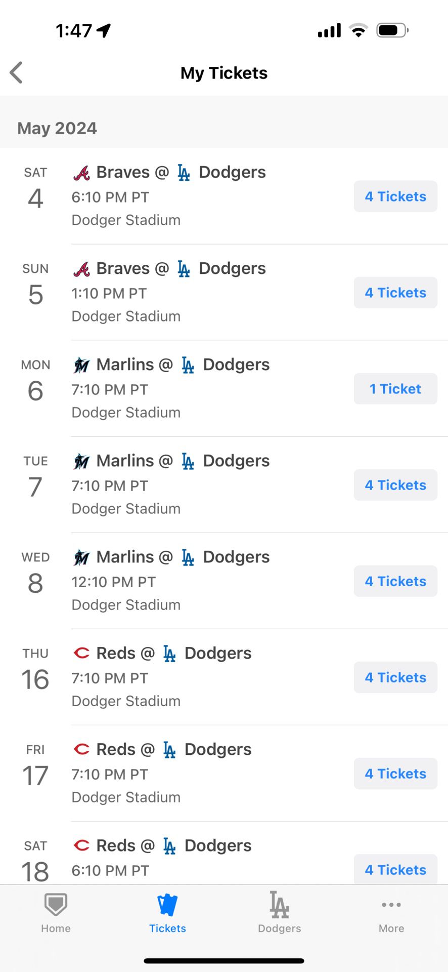LA Dodgers Home Game Tickets