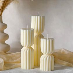 Ribbed Pillar Candles Set of 3 Width 2.4" High 5.5" 7" 9" Handmade Scented Soy Wax Candle Natural Aesthetic Candles Housewarming Gift Decorative Candl