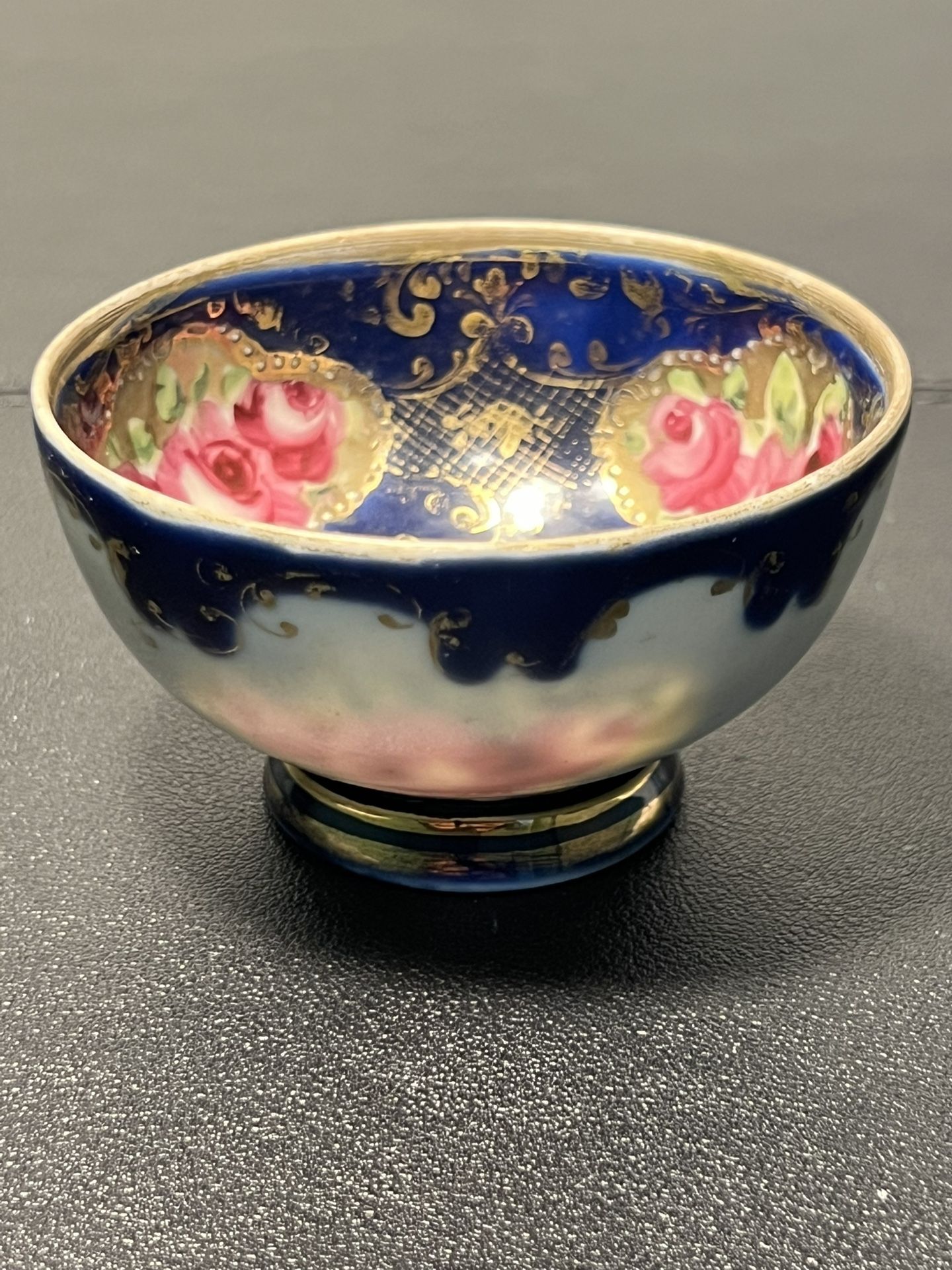 Nippon Japan Antique 1910s Cobalt Roses 24K Gold Small Pedestal Dish Bowl, 3x2”