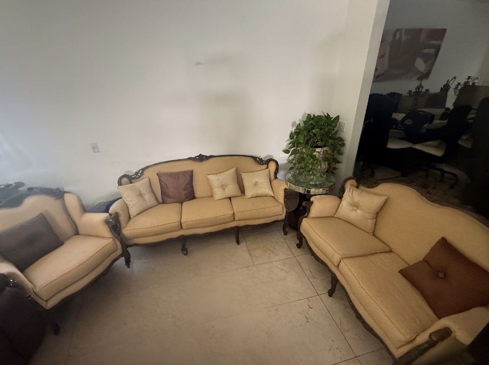 3-Piece Cream Sofa Set – Elegant with Wood Trim – $275 OBO