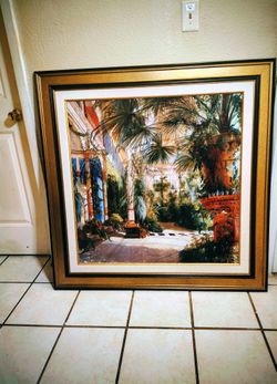 Used  THE PALM HOUSE ARTWORK PRINT FRAMED LARGE 45" X 45" IN GOLD SPECKLED