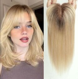 Human Hair Topper 4"x5.5" Hand Woven Base 3 Clips 14" Ombre Light Blonde 150 Density