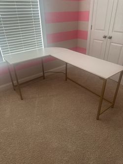 White L-Shaped Desk with Gold Metal Legs